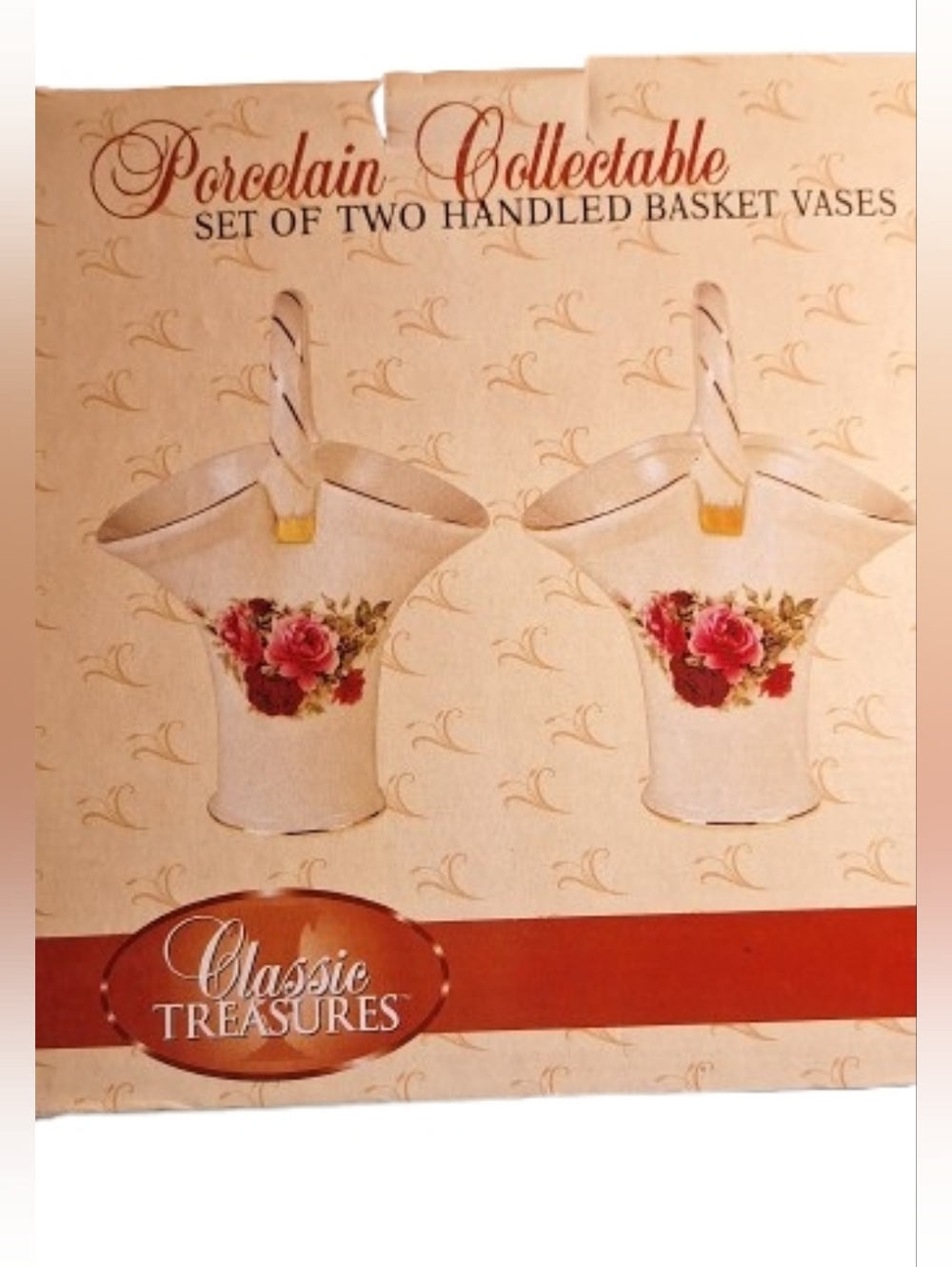 NIB Classic Treasures Vintage Porcelain Collectible Handled Basket Vases